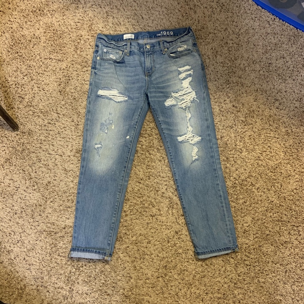 Ripped, paint splattered, boyfriend jeans